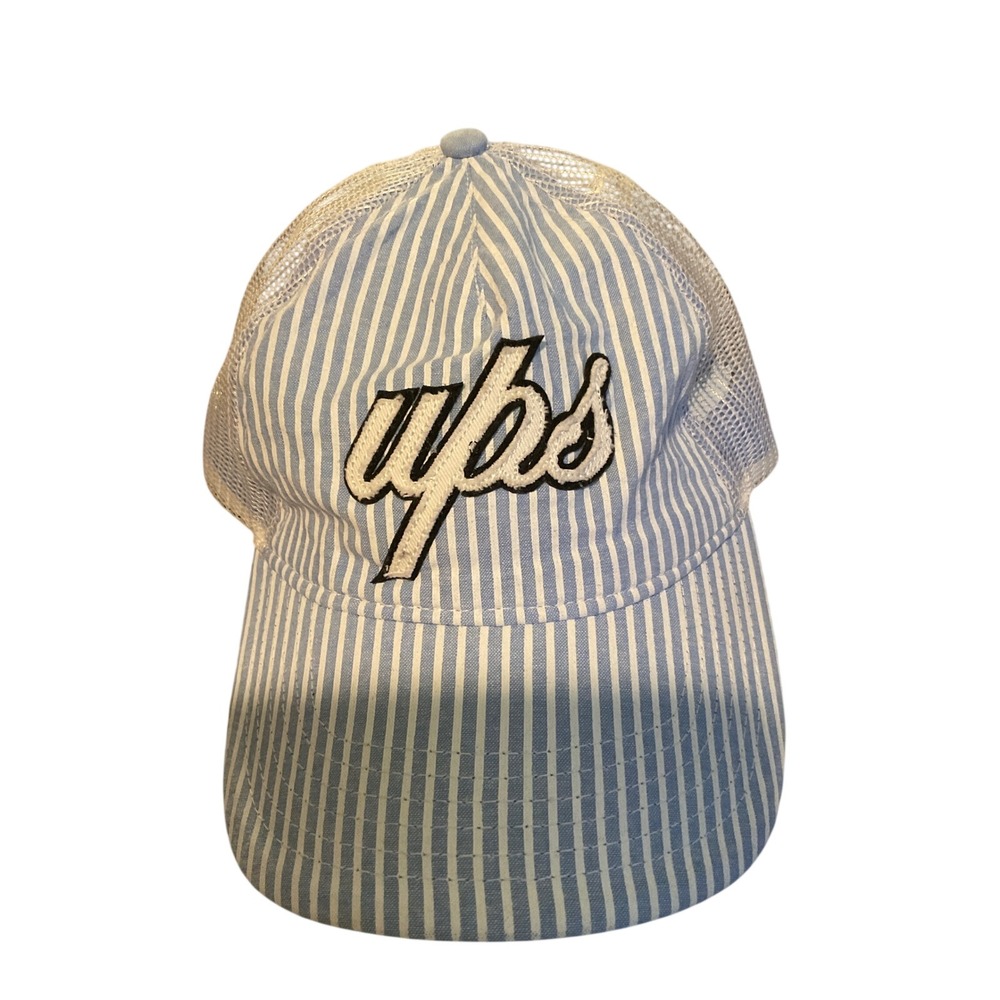 UPS Trucker Hat Seersucker Blue White Striped Mesh Snapback Script Logo Cap